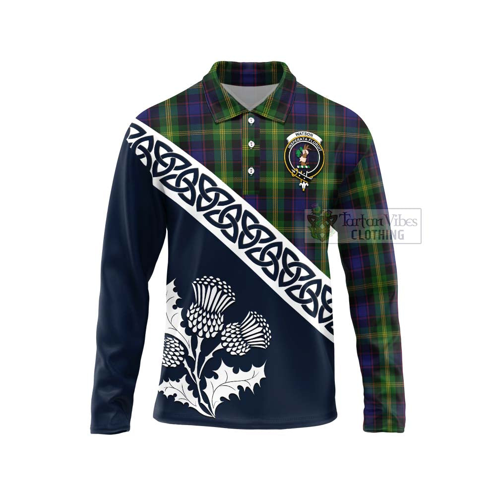 Tartan Vibes Clothing Watson Tartan Long Sleeve Polo Shirt Featuring Thistle and Scotland Map