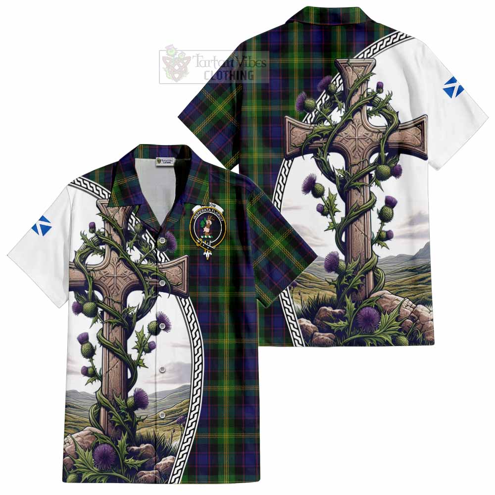 Tartan Vibes Clothing Watson Tartan Short Sleeve Button Shirt with Family Crest and St. Andrew's Cross Accented by Thistle Vines