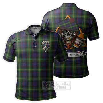 Watson Tartan Polo Shirt with Family Crest and Bearded Skull Holding Bottles of Whiskey