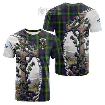 Watson Tartan Cotton T-shirt with Family Crest and St. Andrew's Cross Accented by Thistle Vines