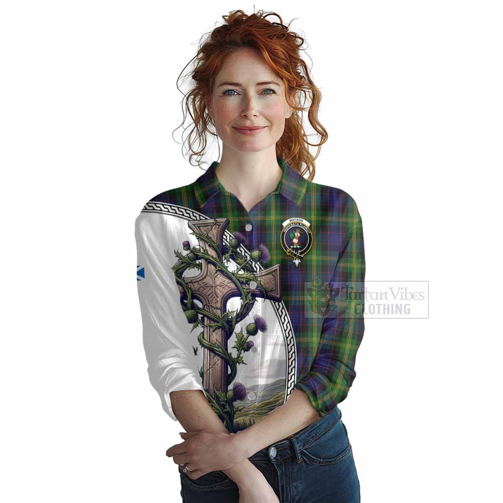 Tartan Vibes Clothing Watson Tartan Women's Casual Shirt with Family Crest and St. Andrew's Cross Accented by Thistle Vines