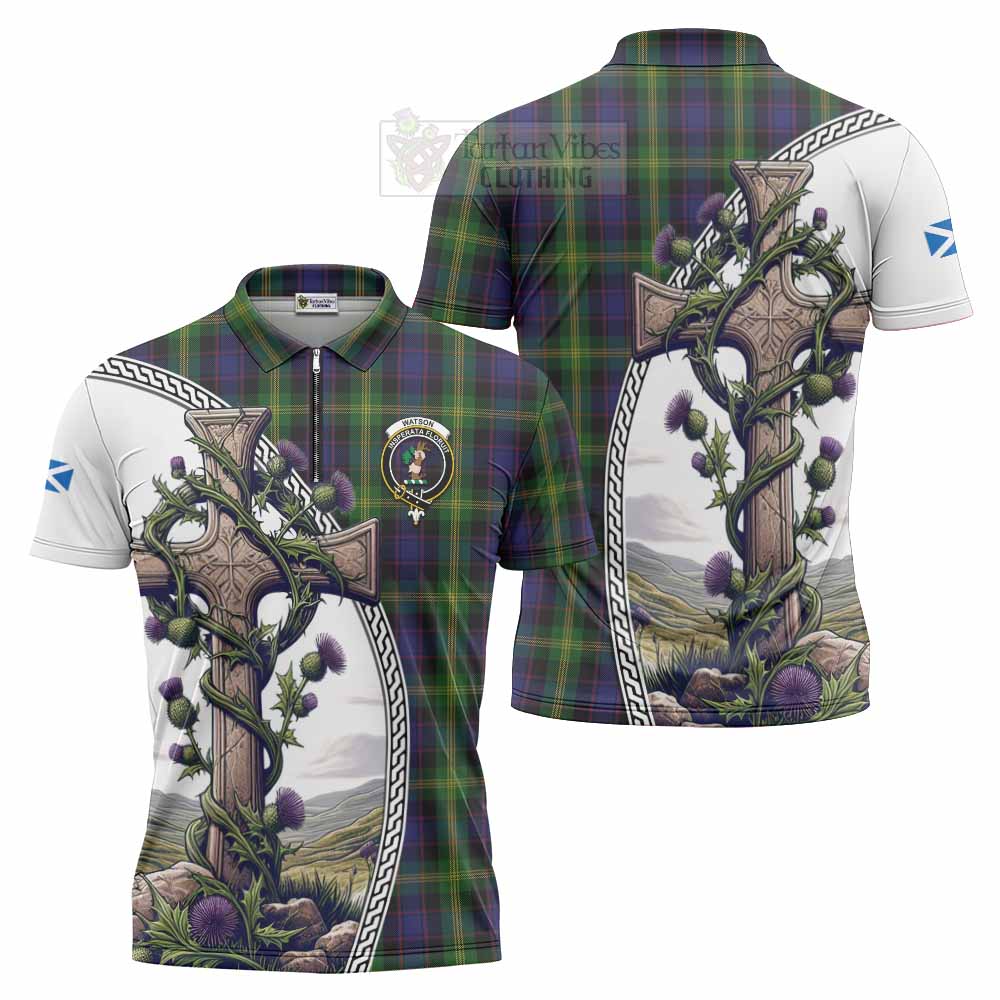 Tartan Vibes Clothing Watson Tartan Zipper Polo Shirt with Family Crest and St. Andrew's Cross Accented by Thistle Vines