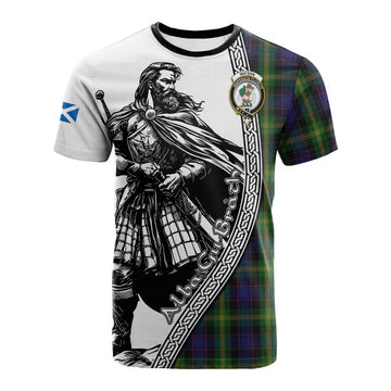 Watson Tartan Clan Crest Cotton T-shirt with Highlander Warrior Celtic Style