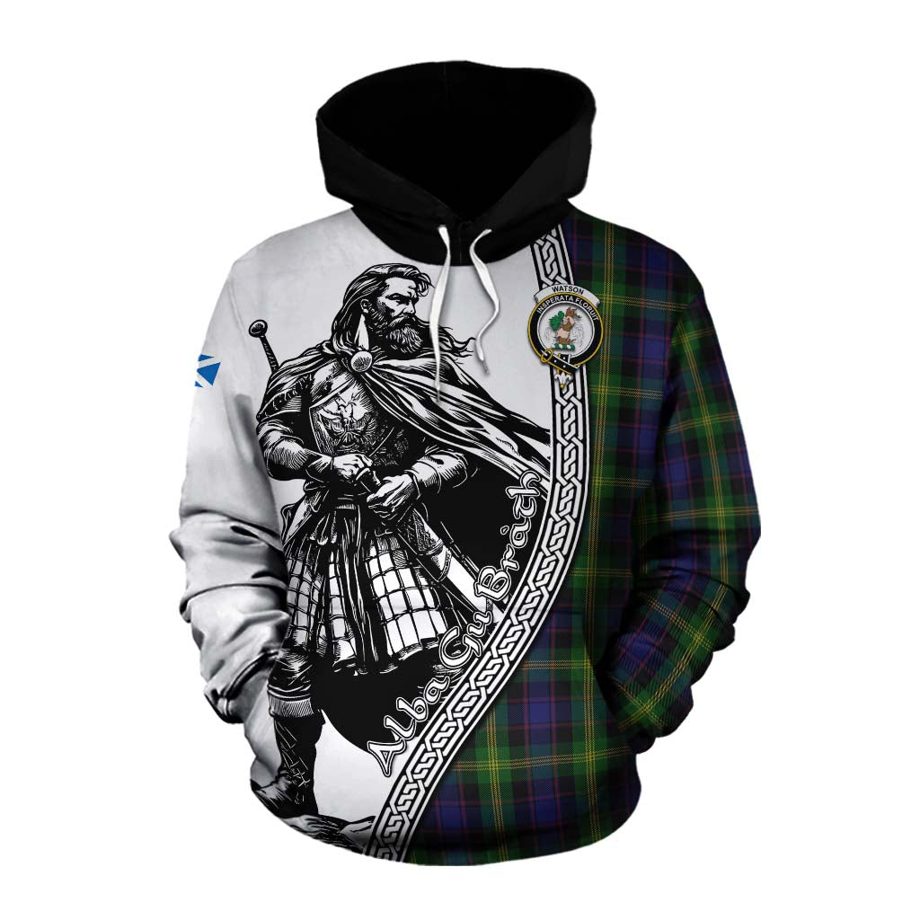 Tartan Vibes Clothing Watson Tartan Clan Crest Cotton Hoodie with Highlander Warrior Celtic Style