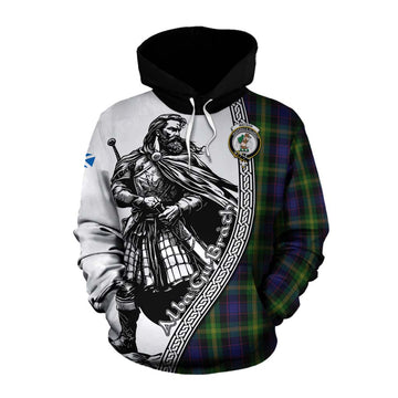 Watson Tartan Clan Crest Cotton Hoodie with Highlander Warrior Celtic Style