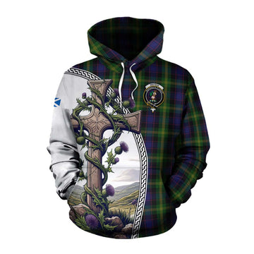 Watson Tartan Cotton Hoodie with Family Crest and St. Andrew's Cross Accented by Thistle Vines