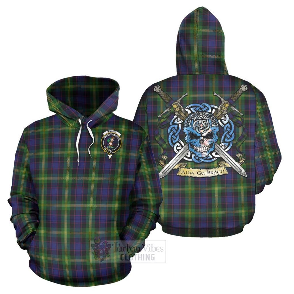 Tartan Vibes Clothing Watson Tartan Hoodie with Family Crest Celtic Skull Style