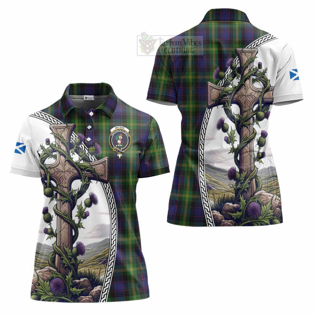 Tartan Vibes Clothing Watson Tartan Women's Polo Shirt with Family Crest and St. Andrew's Cross Accented by Thistle Vines