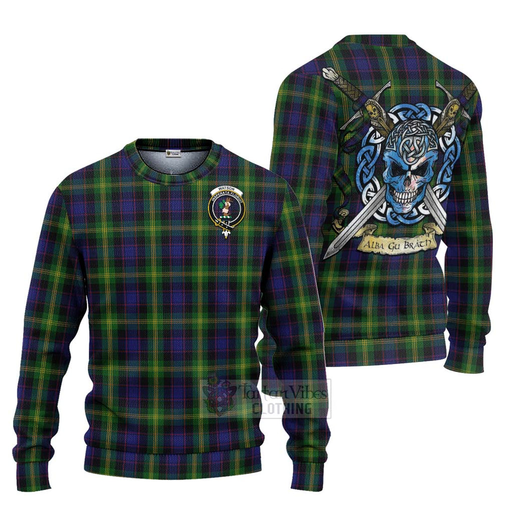 Tartan Vibes Clothing Watson Tartan Knitted Sweater with Family Crest Celtic Skull Style