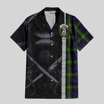 Watson Tartan Short Sleeve Button Shirt with Family Crest Cross Sword Thistle Celtic Vibes