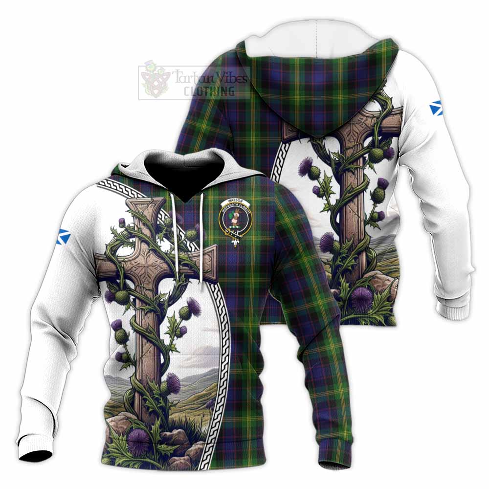 Tartan Vibes Clothing Watson Tartan Knitted Hoodie with Family Crest and St. Andrew's Cross Accented by Thistle Vines