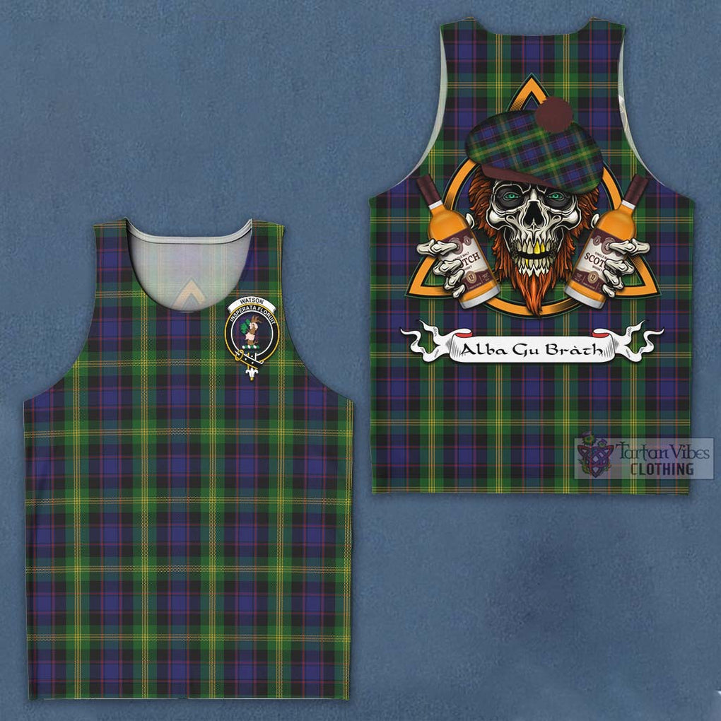 Tartan Vibes Clothing Watson Tartan Men's Tank Top with Family Crest and Bearded Skull Holding Bottles of Whiskey