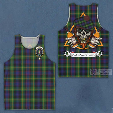 Watson Tartan Men's Tank Top with Family Crest and Bearded Skull Holding Bottles of Whiskey