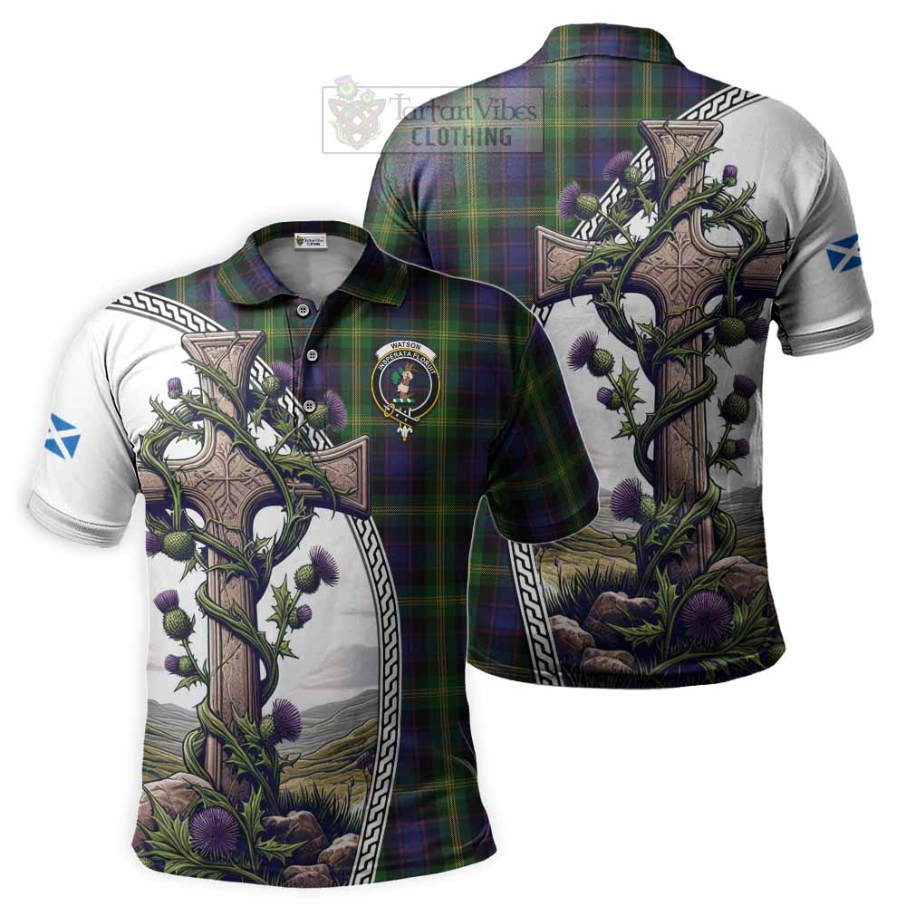 Tartan Vibes Clothing Watson Tartan Polo Shirt with Family Crest and St. Andrew's Cross Accented by Thistle Vines