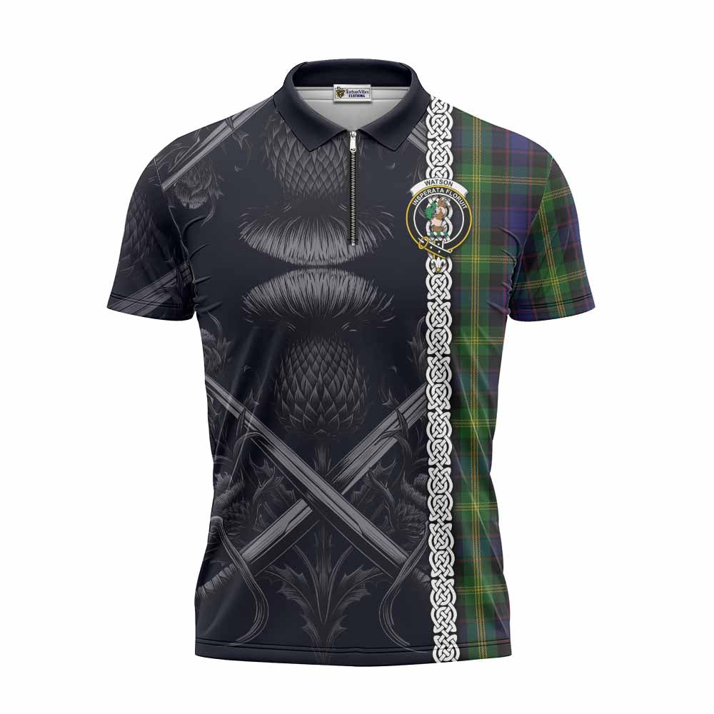 Tartan Vibes Clothing Watson Tartan Zipper Polo Shirt with Family Crest Cross Sword Thistle Celtic Vibes