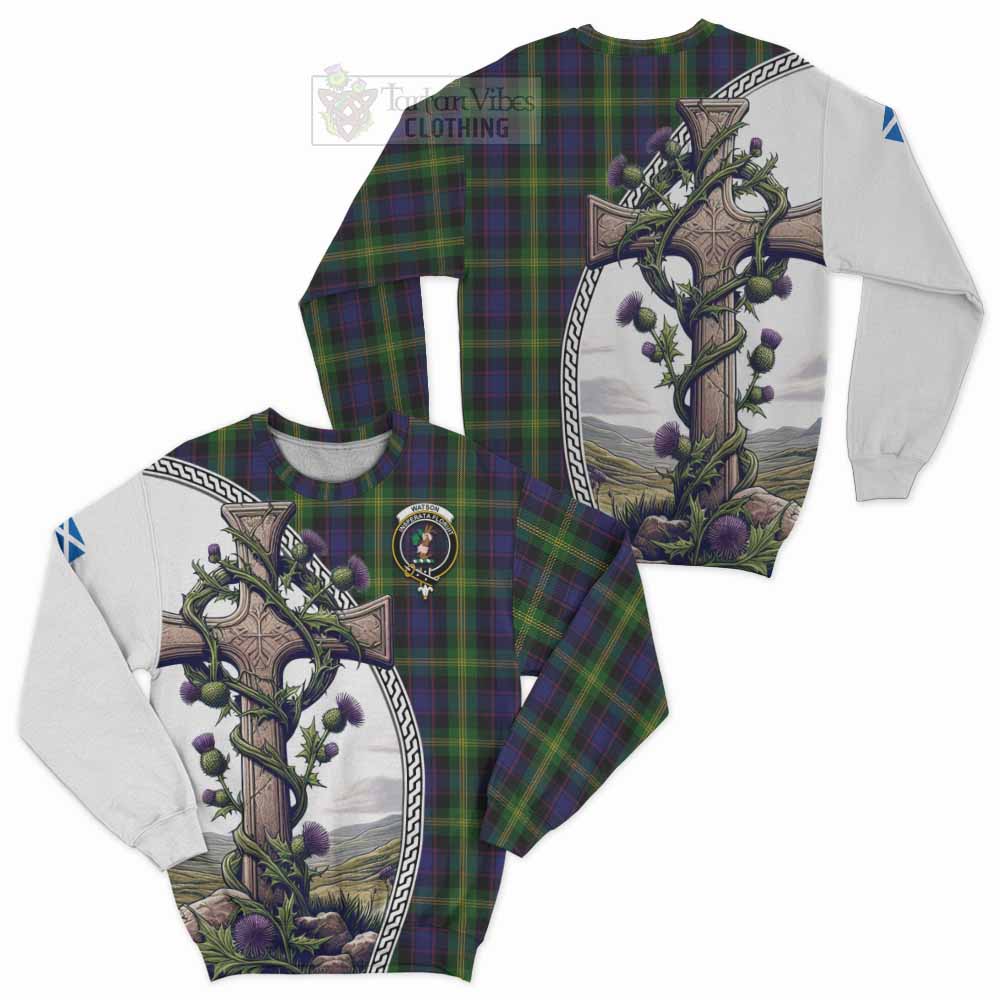 Tartan Vibes Clothing Watson Tartan Sweatshirt with Family Crest and St. Andrew's Cross Accented by Thistle Vines