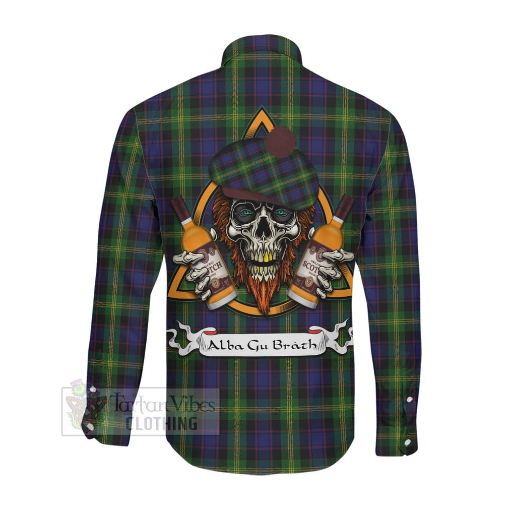 Tartan Vibes Clothing Watson Tartan Long Sleeve Button Shirt with Family Crest and Bearded Skull Holding Bottles of Whiskey