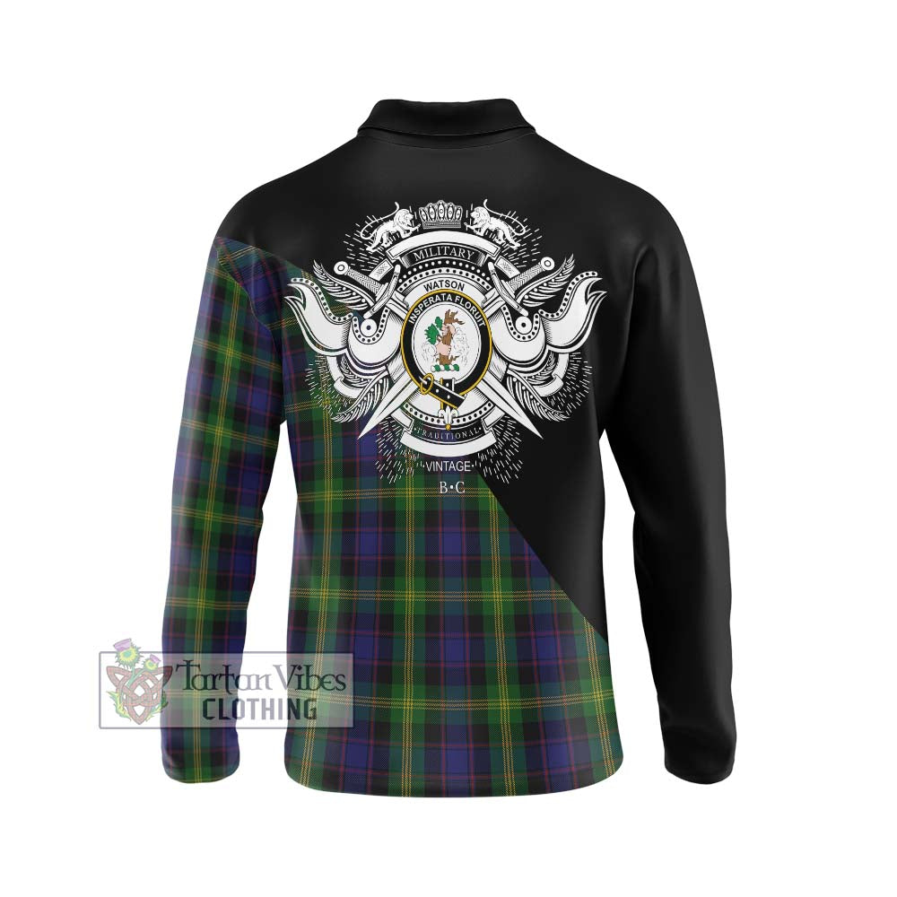 Watson Tartan Long Sleeve Polo Shirt with Family Crest and Military Logo Style - Tartanvibesclothing Shop