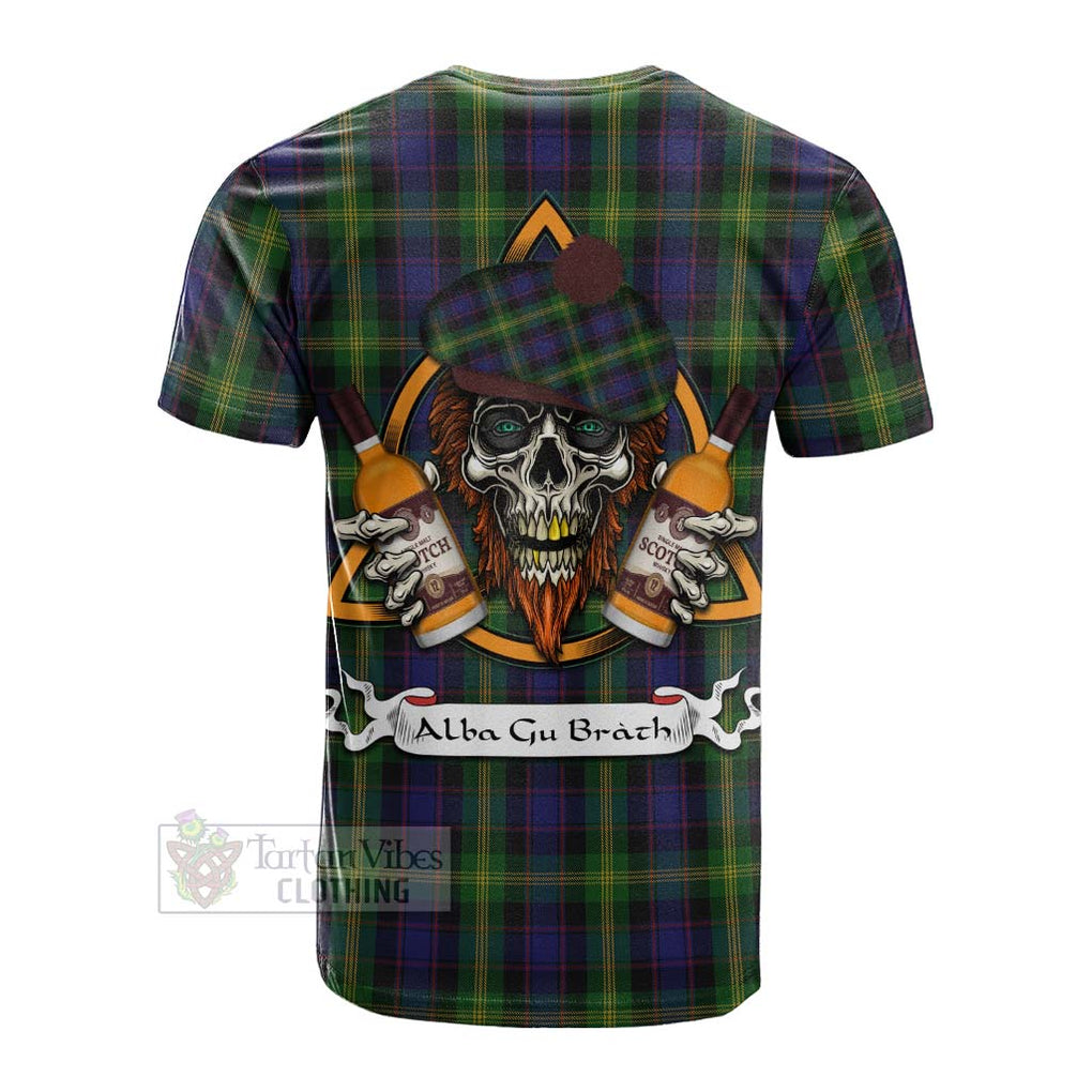 Tartan Vibes Clothing Watson Tartan Cotton T-shirt with Family Crest and Bearded Skull Holding Bottles of Whiskey