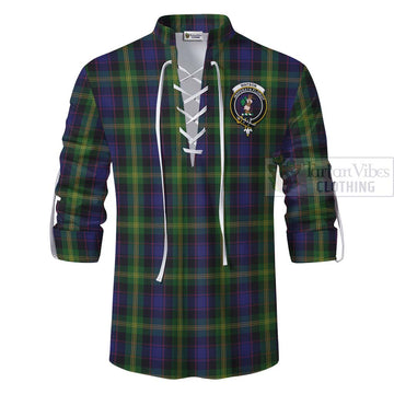 Watson Tartan Ghillie Kilt Shirt with Family Crest and Bearded Skull Holding Bottles of Whiskey