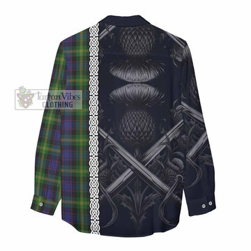 Watson Tartan Women's Casual Shirt with Family Crest Cross Sword Thistle Celtic Vibes