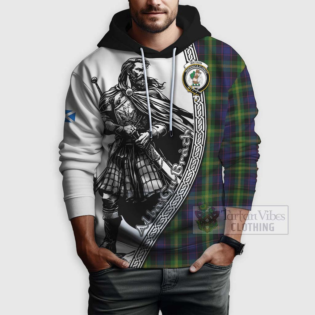 Tartan Vibes Clothing Watson Tartan Clan Crest Hoodie with Highlander Warrior Celtic Style