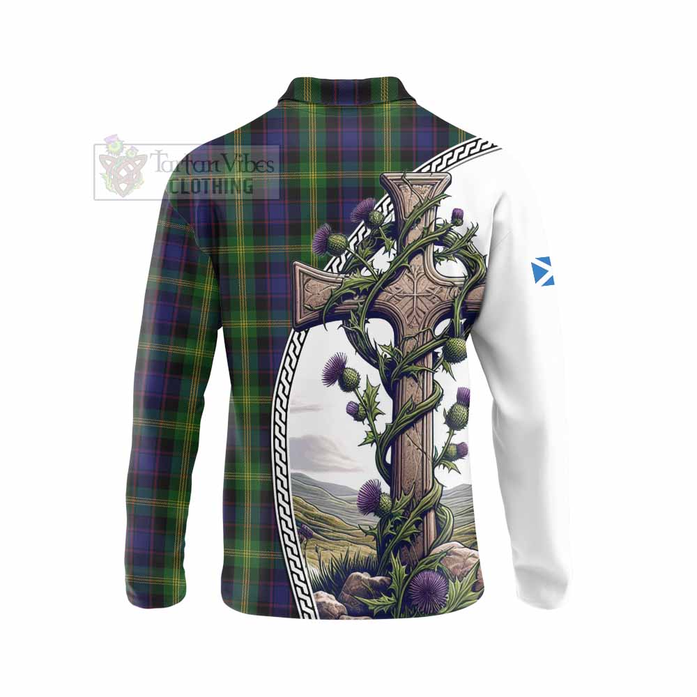 Tartan Vibes Clothing Watson Tartan Long Sleeve Polo Shirt with Family Crest and St. Andrew's Cross Accented by Thistle Vines