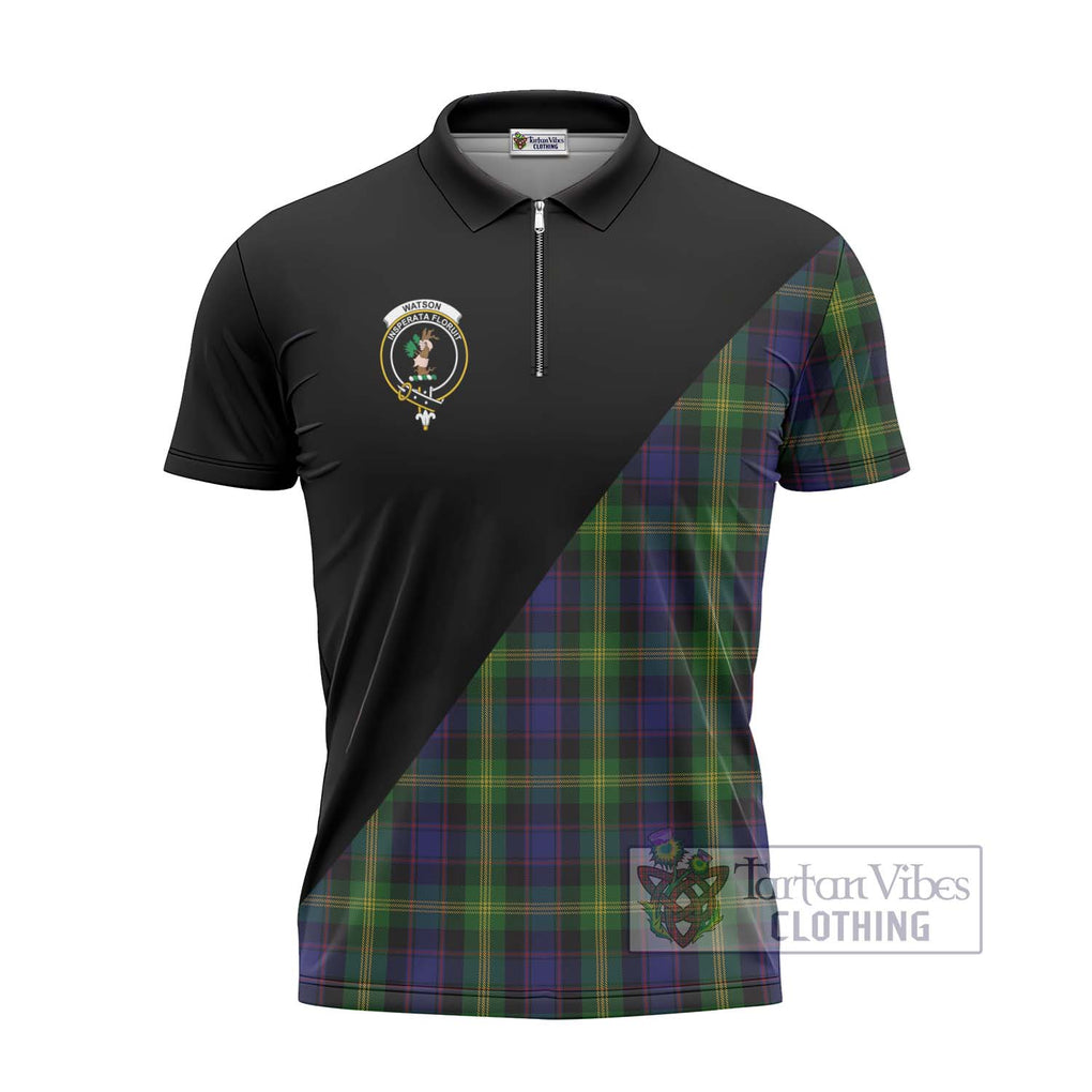 Watson Tartan Zipper Polo Shirt with Family Crest and Military Logo Style - Tartanvibesclothing Shop