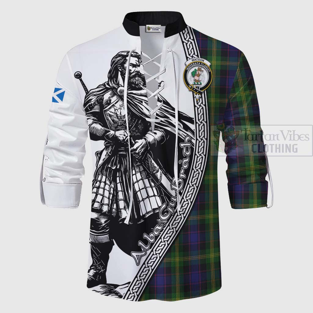 Tartan Vibes Clothing Watson Tartan Clan Crest Ghillie Kilt Shirt with Highlander Warrior Celtic Style