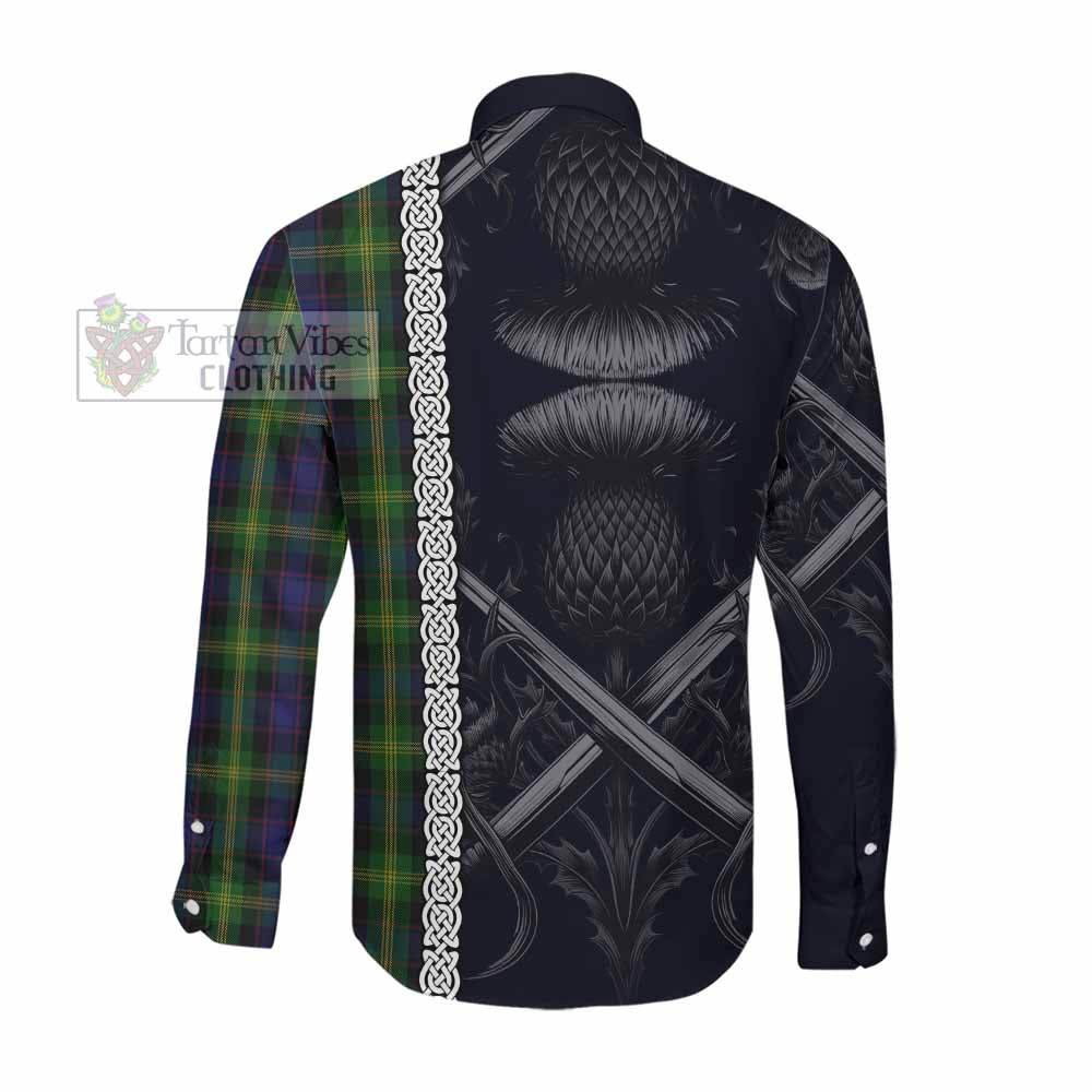 Watson Tartan Long Sleeve Button Shirt with Family Crest Cross Sword Thistle Celtic Vibes Men's Shirt - Tartan Vibes Clothing