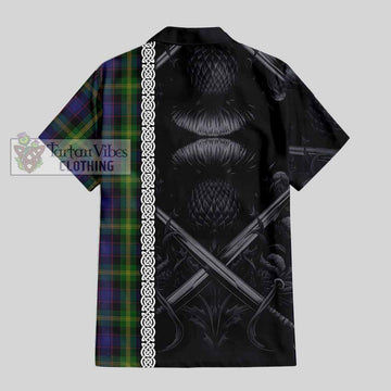 Watson Tartan Short Sleeve Button Shirt with Family Crest Cross Sword Thistle Celtic Vibes