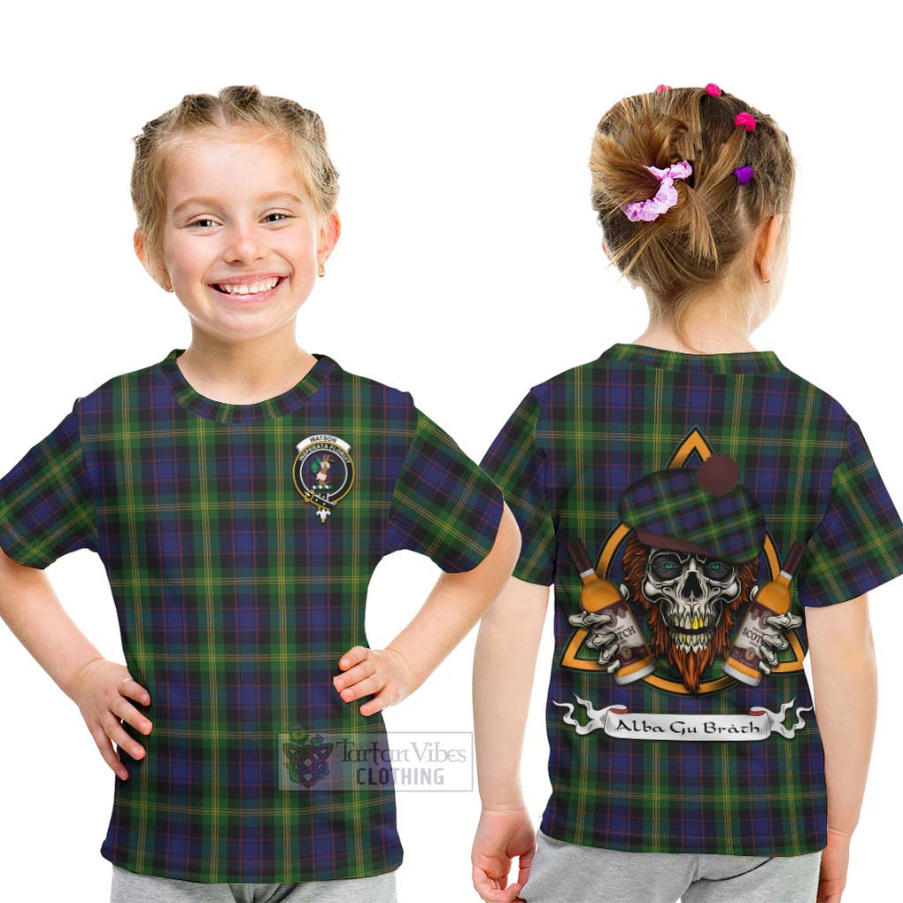 Tartan Vibes Clothing Watson Tartan Kid T-Shirt with Family Crest and Bearded Skull Holding Bottles of Whiskey