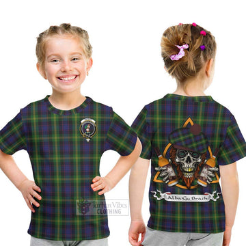 Watson Tartan Kid T-Shirt with Family Crest and Bearded Skull Holding Bottles of Whiskey