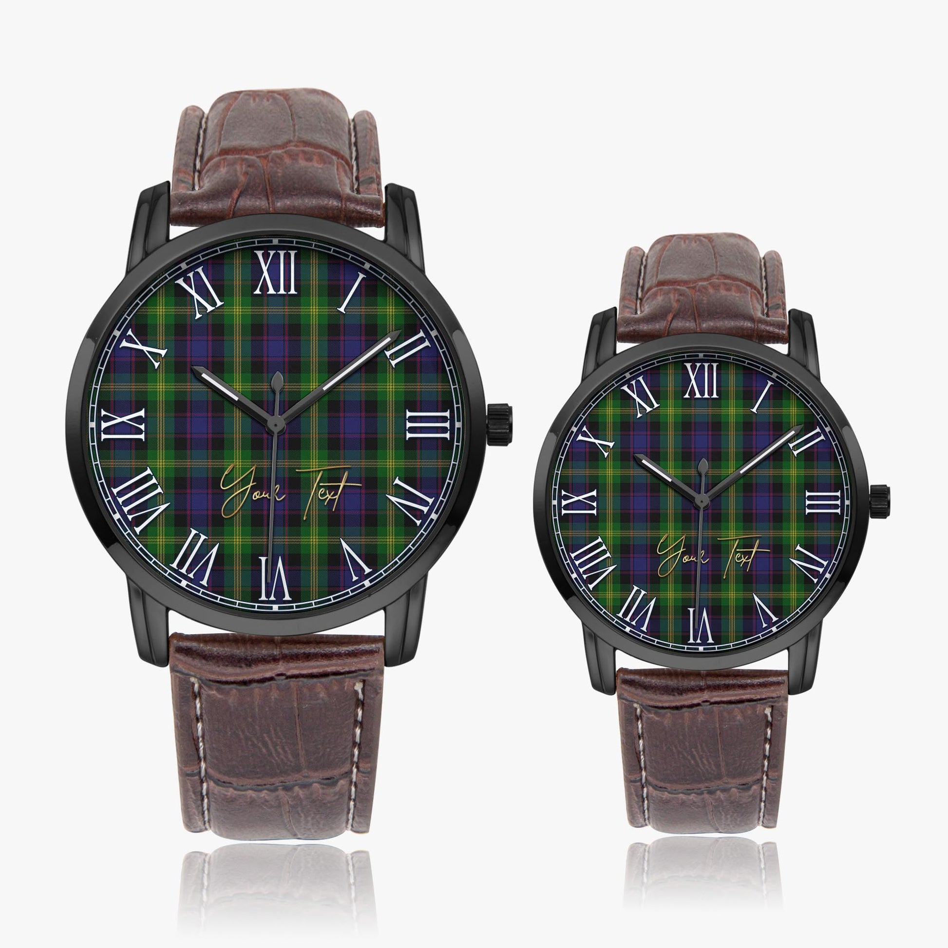 Watson Tartan Personalized Your Text Leather Trap Quartz Watch Wide Type Black Case With Brown Leather Strap - Tartanvibesclothing Shop