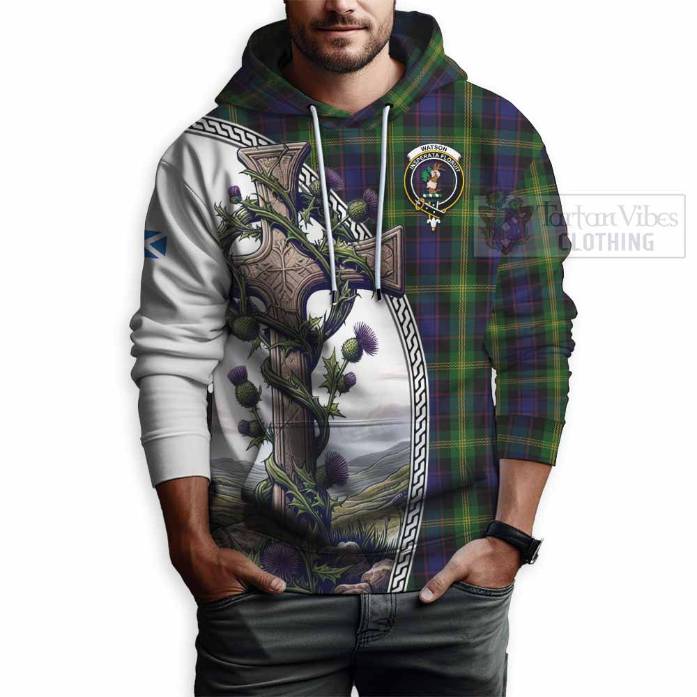 Tartan Vibes Clothing Watson Tartan Hoodie with Family Crest and St. Andrew's Cross Accented by Thistle Vines