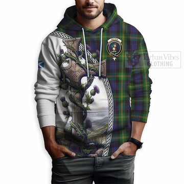 Watson Tartan Hoodie with Family Crest and St. Andrew's Cross Accented by Thistle Vines