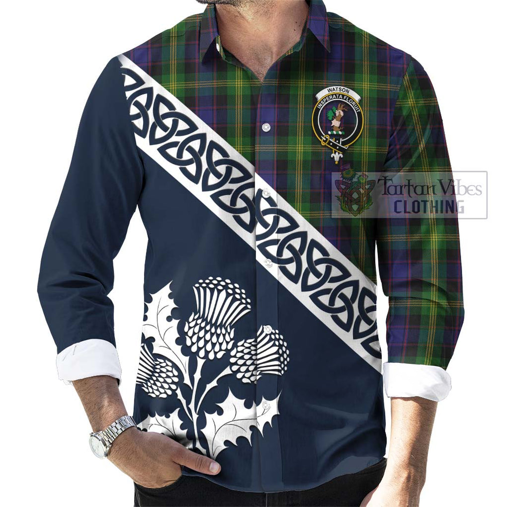 Tartan Vibes Clothing Watson Tartan Long Sleeve Button Shirt Featuring Thistle and Scotland Map