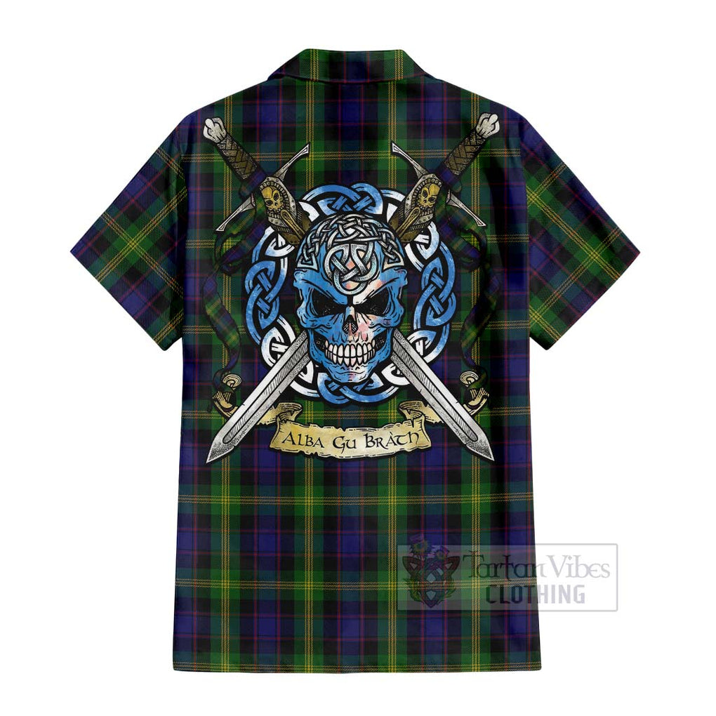 Tartan Vibes Clothing Watson Tartan Short Sleeve Button Shirt with Family Crest Celtic Skull Style