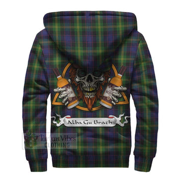 Watson Tartan Sherpa Hoodie with Family Crest and Bearded Skull Holding Bottles of Whiskey