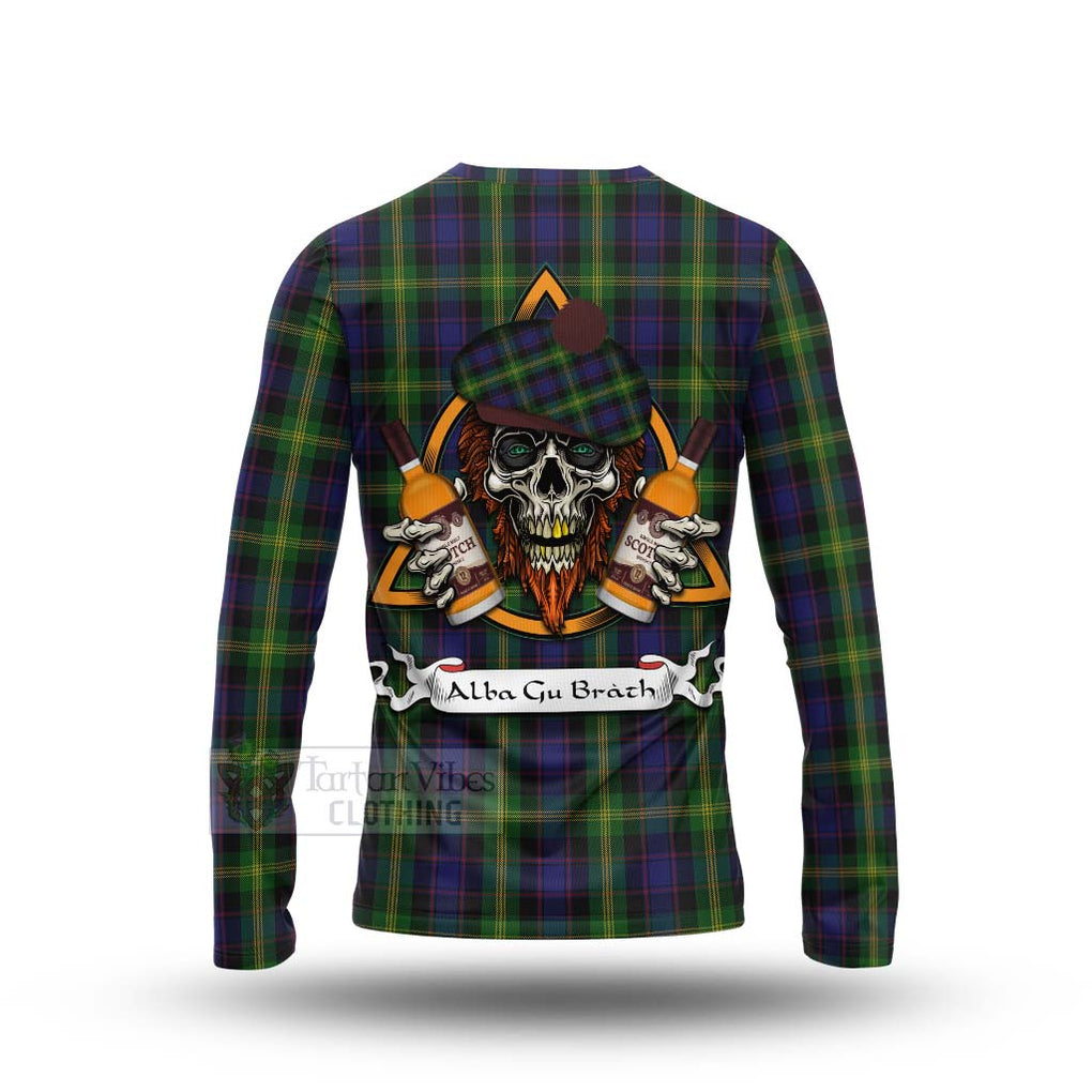 Tartan Vibes Clothing Watson Tartan Long Sleeve T-Shirt with Family Crest and Bearded Skull Holding Bottles of Whiskey