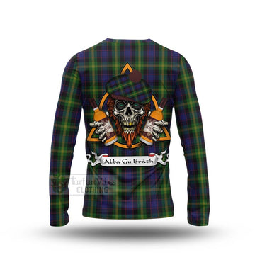 Watson Tartan Long Sleeve T-Shirt with Family Crest and Bearded Skull Holding Bottles of Whiskey