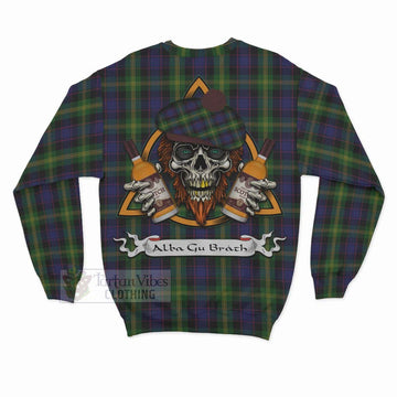 Watson Tartan Sweatshirt with Family Crest and Bearded Skull Holding Bottles of Whiskey