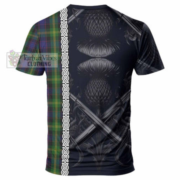 Watson Tartan T-Shirt with Family Crest Cross Sword Thistle Celtic Vibes