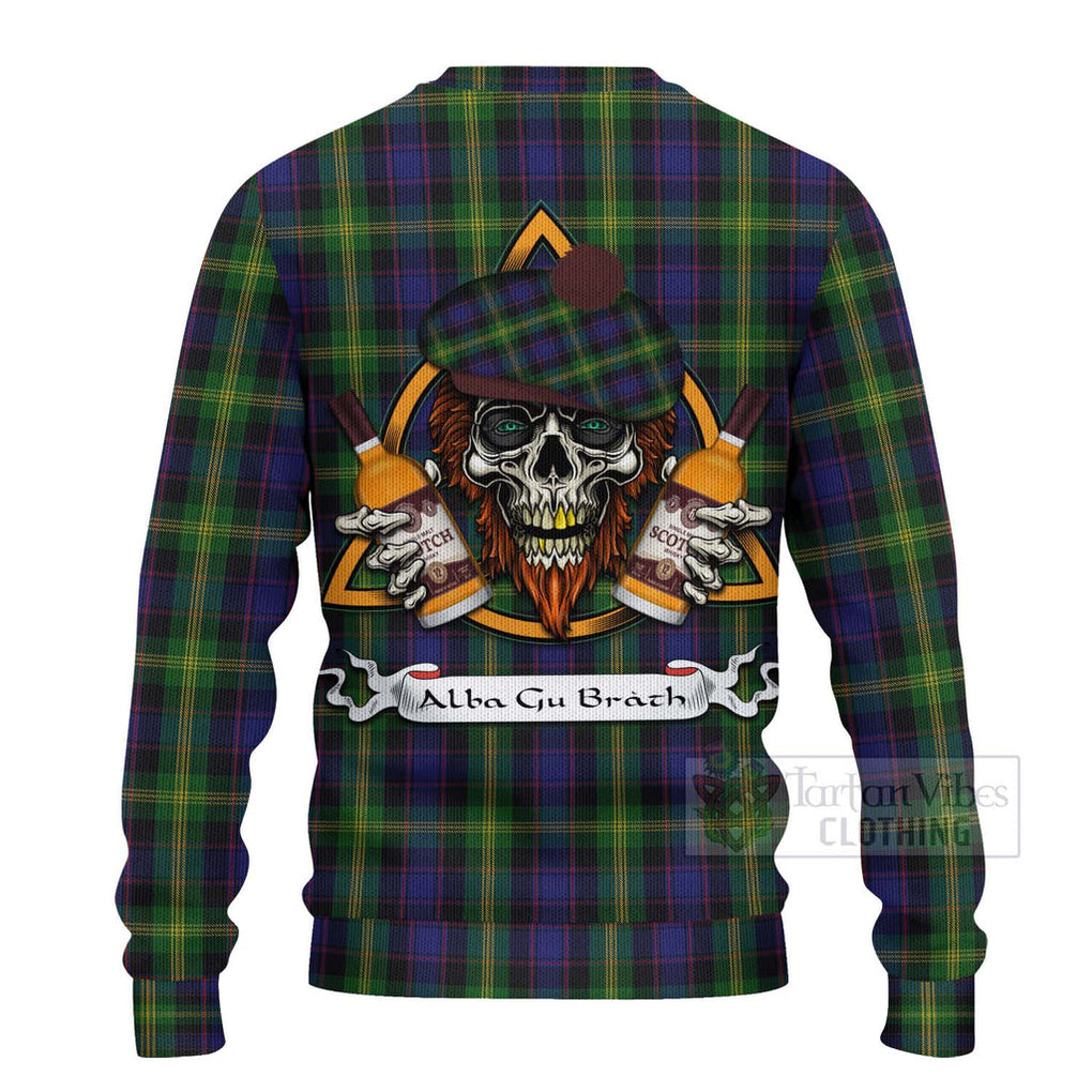 Tartan Vibes Clothing Watson Tartan Knitted Sweater with Family Crest and Bearded Skull Holding Bottles of Whiskey