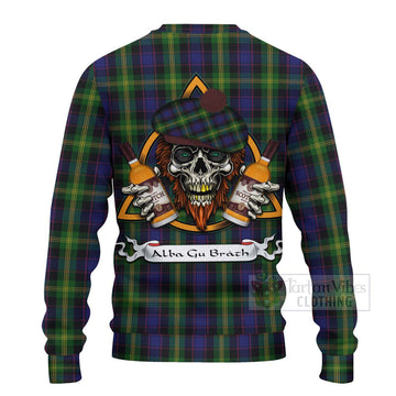 Watson Tartan Ugly Sweater with Family Crest and Bearded Skull Holding Bottles of Whiskey