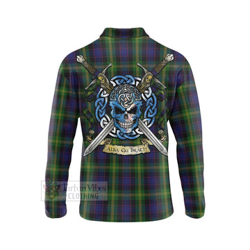 Watson Tartan Long Sleeve Polo Shirt with Family Crest Celtic Skull Style