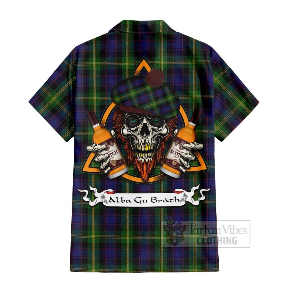 Tartan Vibes Clothing Watson Tartan Short Sleeve Button Shirt with Family Crest and Bearded Skull Holding Bottles of Whiskey