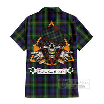 Watson Tartan Short Sleeve Button Shirt with Family Crest and Bearded Skull Holding Bottles of Whiskey