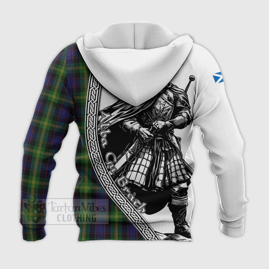 Tartan Vibes Clothing Watson Tartan Clan Crest Knitted Hoodie with Highlander Warrior Celtic Style