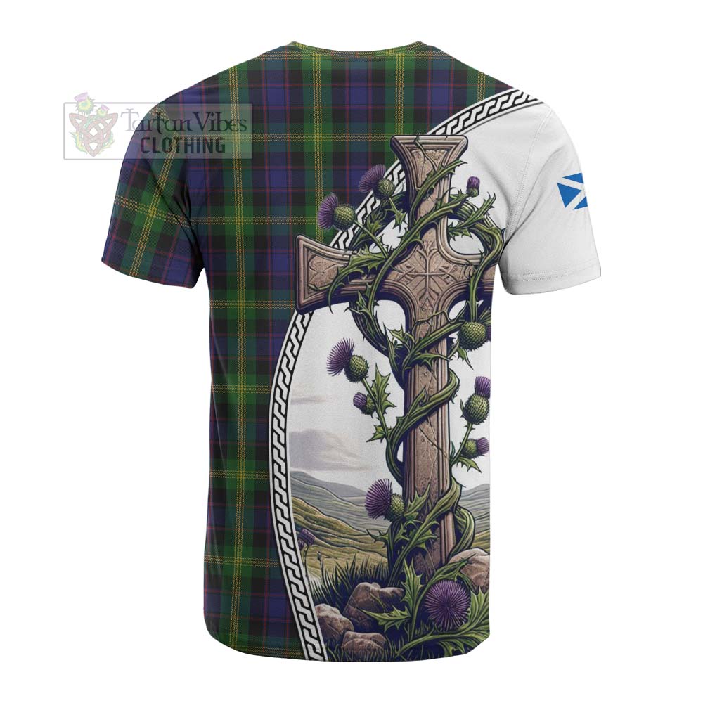 Tartan Vibes Clothing Watson Tartan Cotton T-shirt with Family Crest and St. Andrew's Cross Accented by Thistle Vines